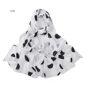 Sciarpa in chiffon a pois neri e bianchi, lungo hijab leggero da donna per uso quotidiano.