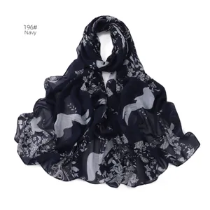Sciarpa lunga stampata in chiffon blu navy motivo floreale e uccello elegante scialle di moda.