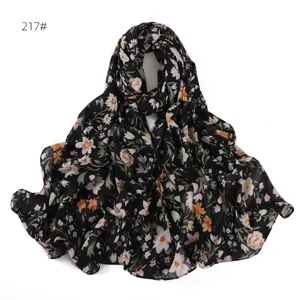 Foulard in chiffon con stampa floreale vintage da donna, elegante sciarpa lunga nera.