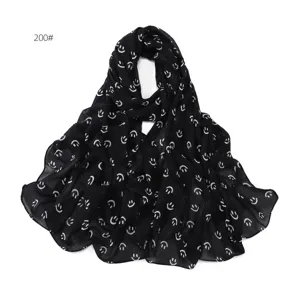 Sciarpa lunga in chiffon con stampa di faccine sorridenti nero e bianco hijab donna.