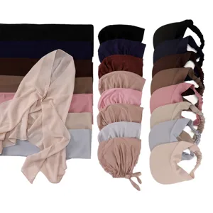 Muslim 3-piece hijab set chiffon scarf inner bonnet empty top sun visor hat solid color headwear
