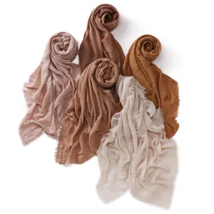 Crinkled cotton linen hijab scarf, solid color breathable shawl, frayed edge women headwrap.