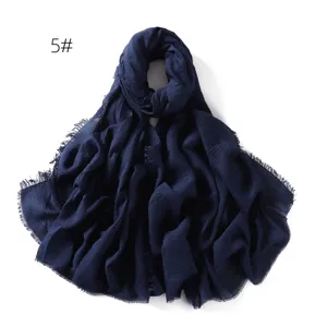 Solid color dark blue linen gauze scarf shawl, breathable frayed edge wrap for women.