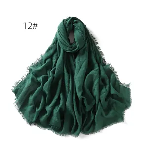Dark green cotton linen scarf shawl with fringe, breathable sun protection headscarf.