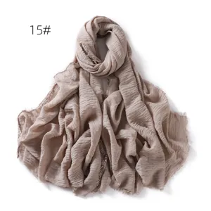 Solid color crinkle cotton linen scarf for women, breathable shawl and beach sun protection.
