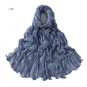 Blue-grey crinkled cotton linen breathable lightweight women scarf shawl solid color