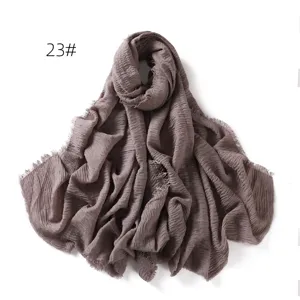 Solid color crinkled cotton linen breathable scarf shawl sun protection with frayed edges.