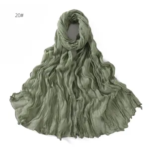 Light green crinkled cotton linen scarf, breathable thin spring autumn women wrap detail.