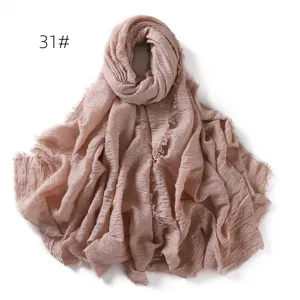 Solid color crinkled linen scarf breathable lightweight fringed shawl for women sun protection