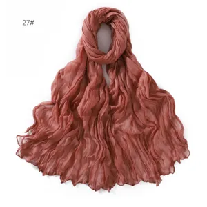 Women lightweight solid color crinkle cotton linen scarf breathable spring autumn shawl