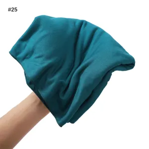 Detail view of solid color modal jersey headscarf, soft breathable large size wrap scarf.