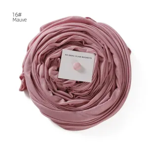 Mercerized cotton long hijab scarf in mauve with secure magnetic pin accessory.