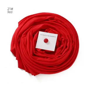 Red mercerized cotton long hijab scarf set with strong magnetic pin, elegant display.