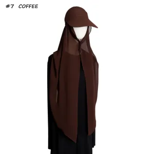 Two-piece sun visor cap with long chiffon hijab scarf, solid brown color, stylish.
