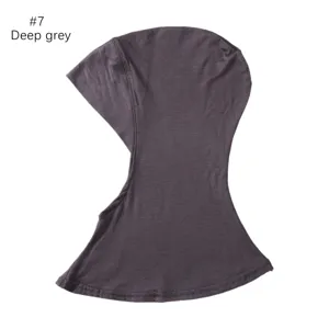 Modal hijab inner cap detail shot, deep grey color, high elasticity fabric close-up view.