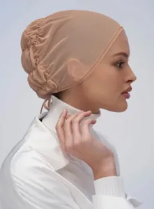 Breathable mesh inner cap with adjustable tie straps for women, comfortable solid color hijab cap.