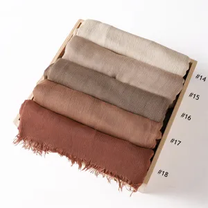 Solid color natural wrinkle short fringe rayon scarf set in wooden tray, soft breathable.