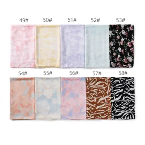 Chiffon print women shawl scarf assortment featuring various tie-dye and floral patterns.