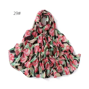 Floral chiffon scarf detail, stylish pink tulip print sun protection shawl, elegant accessory.