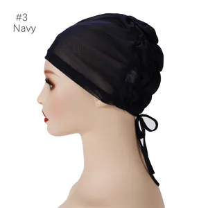 Solid color mesh breathable elastic tie inner cap for women, comfortable and adjustable daily wear.