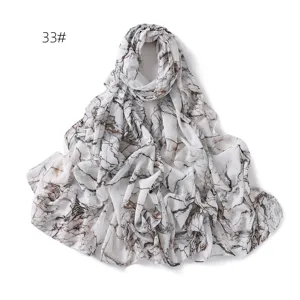 Lightweight chiffon printed scarf with elegant marble pattern, perfect sun protection shawl.