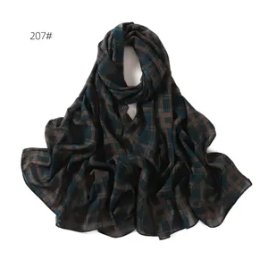 Women's plaid print chiffon long scarf elegant dark green and brown head wrap fashion accessory