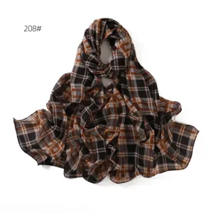 Women's plaid chiffon long scarf, elegant lightweight headwrap and neck accessory.
