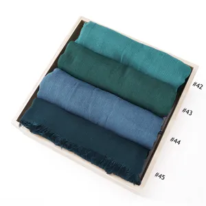 100% rayon solid color natural wrinkled short fringe scarf, soft breathable head wrap hijab.