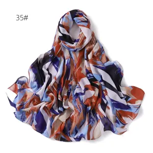 Women chiffon printed scarf, stylish abstract art pattern lightweight sun protection shawl.