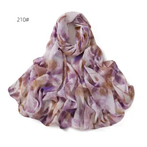 Purple brown floral chiffon long scarf elegant hijab head wrap lightweight summer accessory