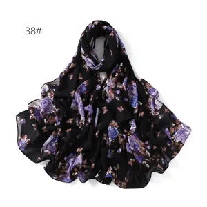Floral print chiffon scarf black purple shawl lightweight sun protection fashion women
