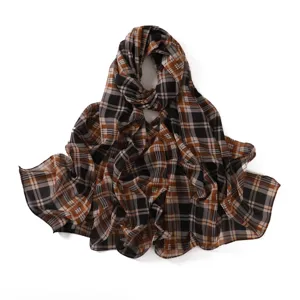 Classic plaid printed chiffon women scarf elegant long shawl lightweight breathable neck wrap
