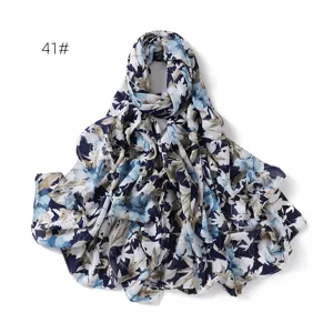 Blue and white floral print chiffon scarf, lightweight summer sun protection wrap for women.