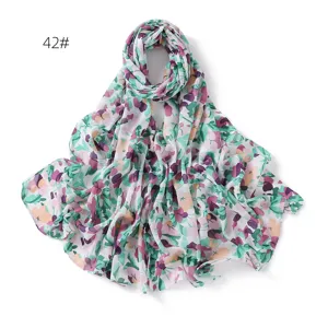 Floral printed chiffon scarf, soft lightweight summer sun protection shawl for daily wear.