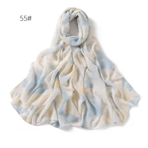 Detailed view of lightweight blue and white gradient chiffon printed scarf shawl.