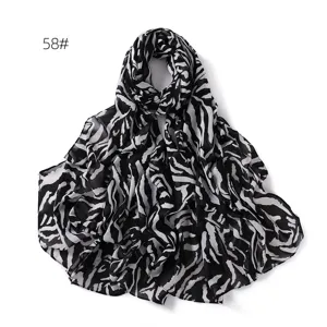 Black and white zebra print chiffon scarf, stylish sun protection shawl and neck accessory.