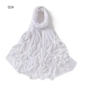 Plain white modal jersey hijab scarf detail view, soft lightweight long Muslim head wrap.