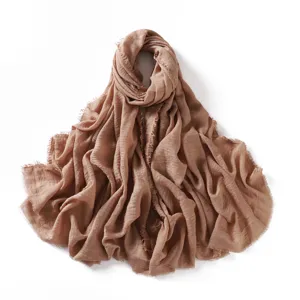 Solid color cotton linen scarf, breathable crinkled shawl, soft fringe head wrap for women.
