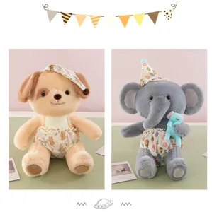 Jolis animaux peluche chien éléphant avec short imprimé et chapeau, poupée douce bébé.