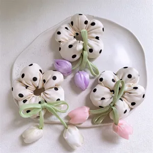 Coleteros de Satén con Flores de Tulipán Lindos Lunares Cuerdas de Pelo Dulces Accesorios para el Cabello para Mujeres Niñas Estilo Diario
