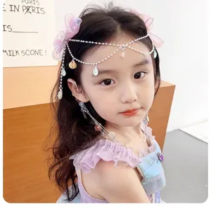 Lindo diadema y pendiente de concha perla sirena princesa para niños detalle