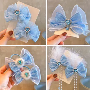 Pinza de Pelo de Lazo Azul de Encaje de Malla de Princesa para Niños Lindos Accesorios de Cabello de Estrás y Perlas