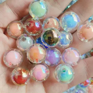 Close-up detail of colorful UV plated acrylic round beads, ideal for DIY handmade jewelry charms.