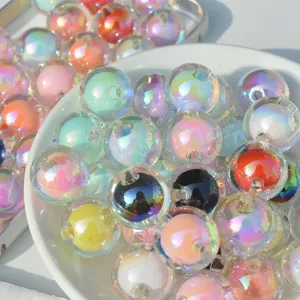Close-up of colorful iridescent acrylic beads, 16mm round DIY craft pendants for phone chains.