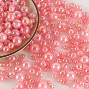 Pink crackle acrylic beads, AB coated loose beads for DIY jewelry making, necklace accessories.