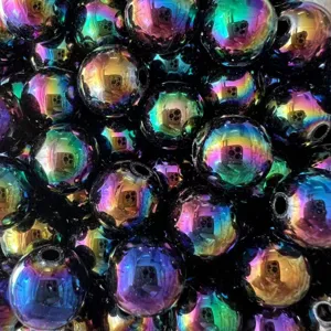 Detailed close-up of colorful AB rainbow acrylic round loose beads for DIY handmade jewelry crafts.