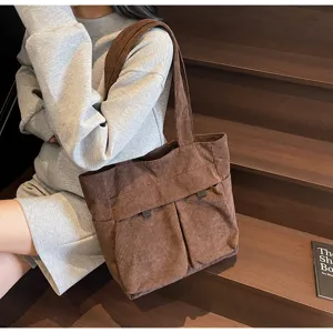 Large capacity brown corduroy shoulder bag, casual vintage tote handbag for women and students.
