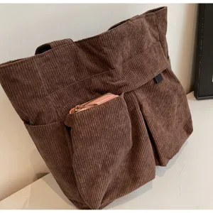 Brown corduroy tote bag with multiple pockets, large capacity casual shoulder bag for women.