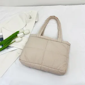 Chic quilted nylon puffer tote bag for women, soft daily shoulder handbag with handles.