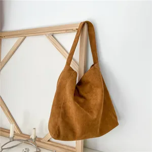 Casual brown suede tote bag for women, vintage minimalist large capacity shoulder handbag.